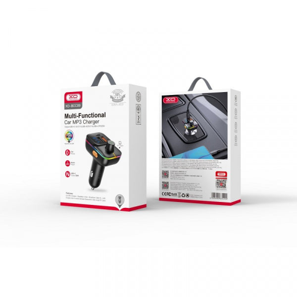 XO Design Bluetooth FM Transmitter and Car Charger BCC09, 2 x USB-A - 1 x USB-C - 1 x microSD, Black