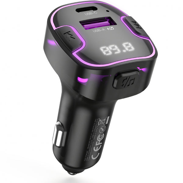 XO Design Bluetooth FM Transmitter and Car Charger BCC12, 1 x USB-A - 1 x USB-C, Black