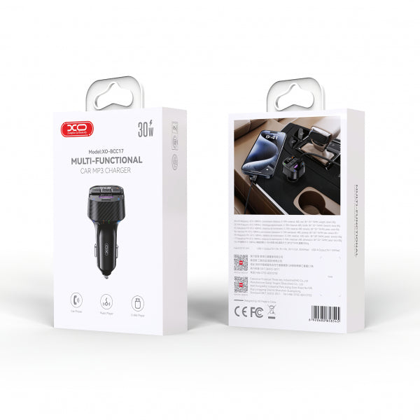 XO Design Bluetooth FM Transmitter and Car Charger BCC17, 1 x USB-A - 1 x USB-C, Black