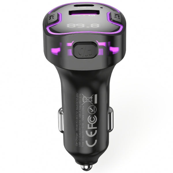XO Design Bluetooth FM Transmitter and Car Charger BCC12, 1 x USB-A - 1 x USB-C, Black