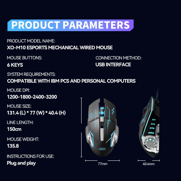 XO Design Wired Gaming Mouse M10, RGB, 3200DPI, Black