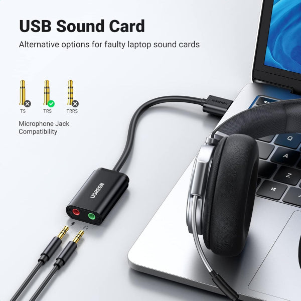Ugreen External Sound Card US205, 2 X Jack 3.5mm, Black