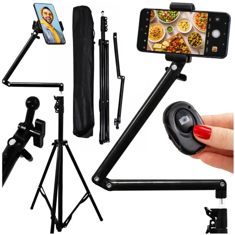 Statyw na Telefon 210 cm z Składanym Ramieniem 48 cm, Uchwyt na Telefon, Pilotem Bluetooth i Torbą, Regulowany do Zdjęć i Nagrań, Alogy ProTripod™