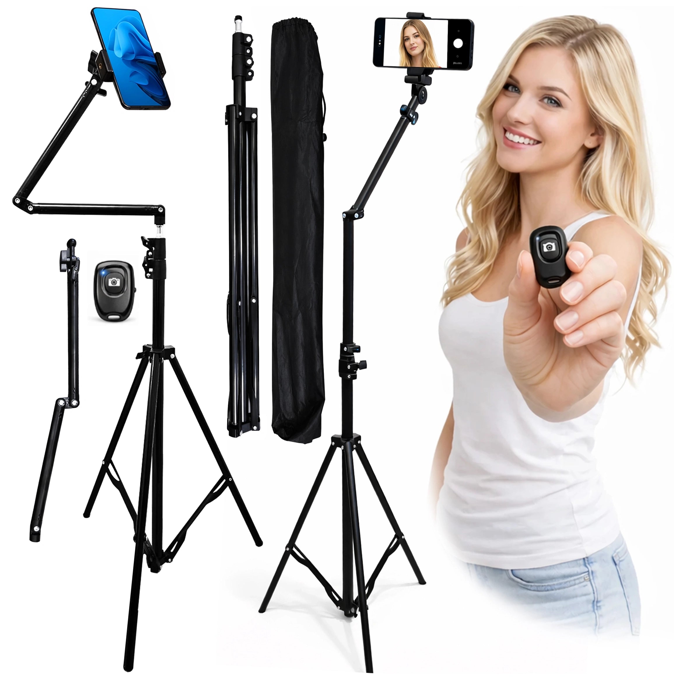 Statyw na Telefon 210 cm z Składanym Ramieniem 48 cm, Uchwyt na Telefon, Pilotem Bluetooth i Torbą, Regulowany do Zdjęć i Nagrań, Alogy ProTripod™