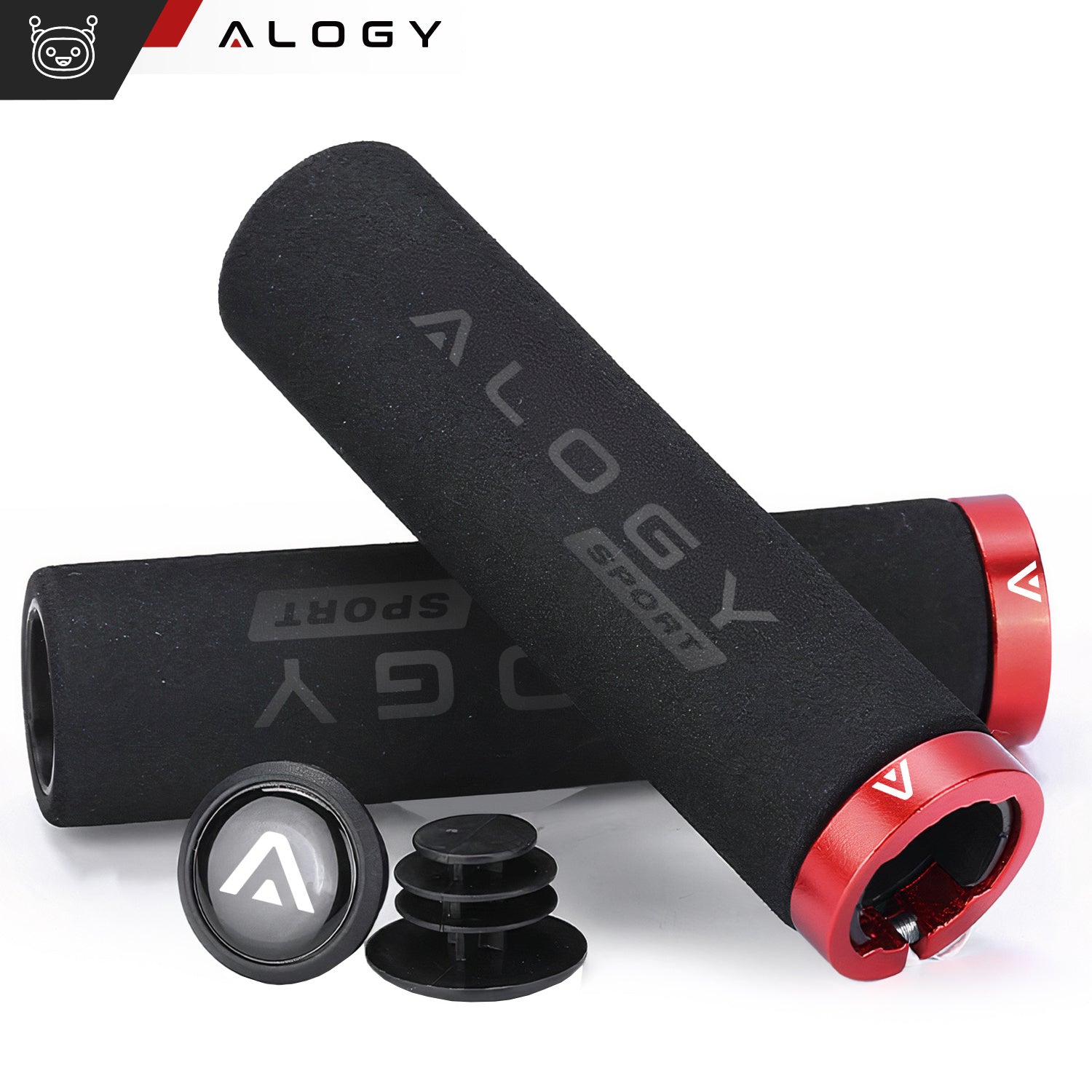 Chwyty gripy rowerowe rączki do kierownicy roweru ergonomiczne antypoślizgowe redukujące wibracje na rower Alogy [2szt.]  Czarno-Czerwone