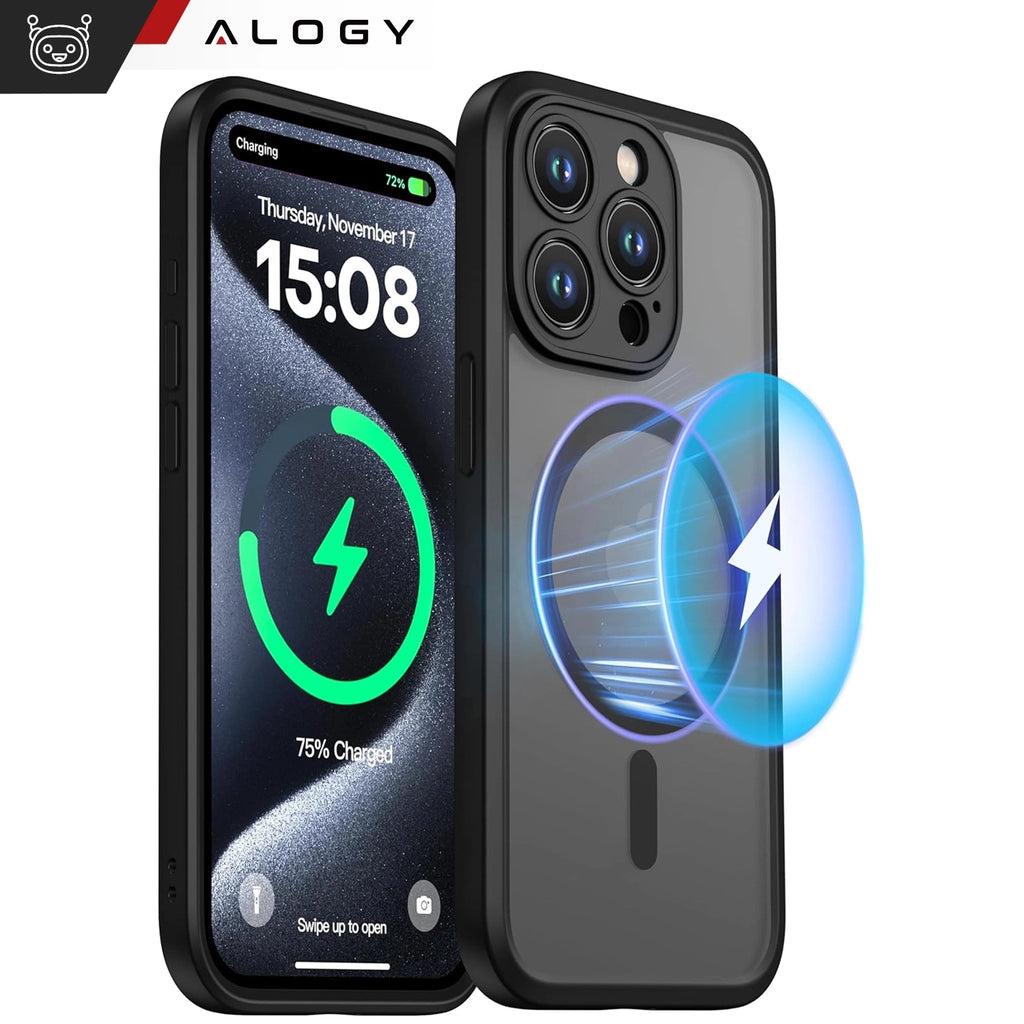 Etui do Apple iPhone 15 Pro obudowa Alogy MagSafe Hybrid Matte Case pokrowiec matowy z ochroną obiektywu czarny + Szkło