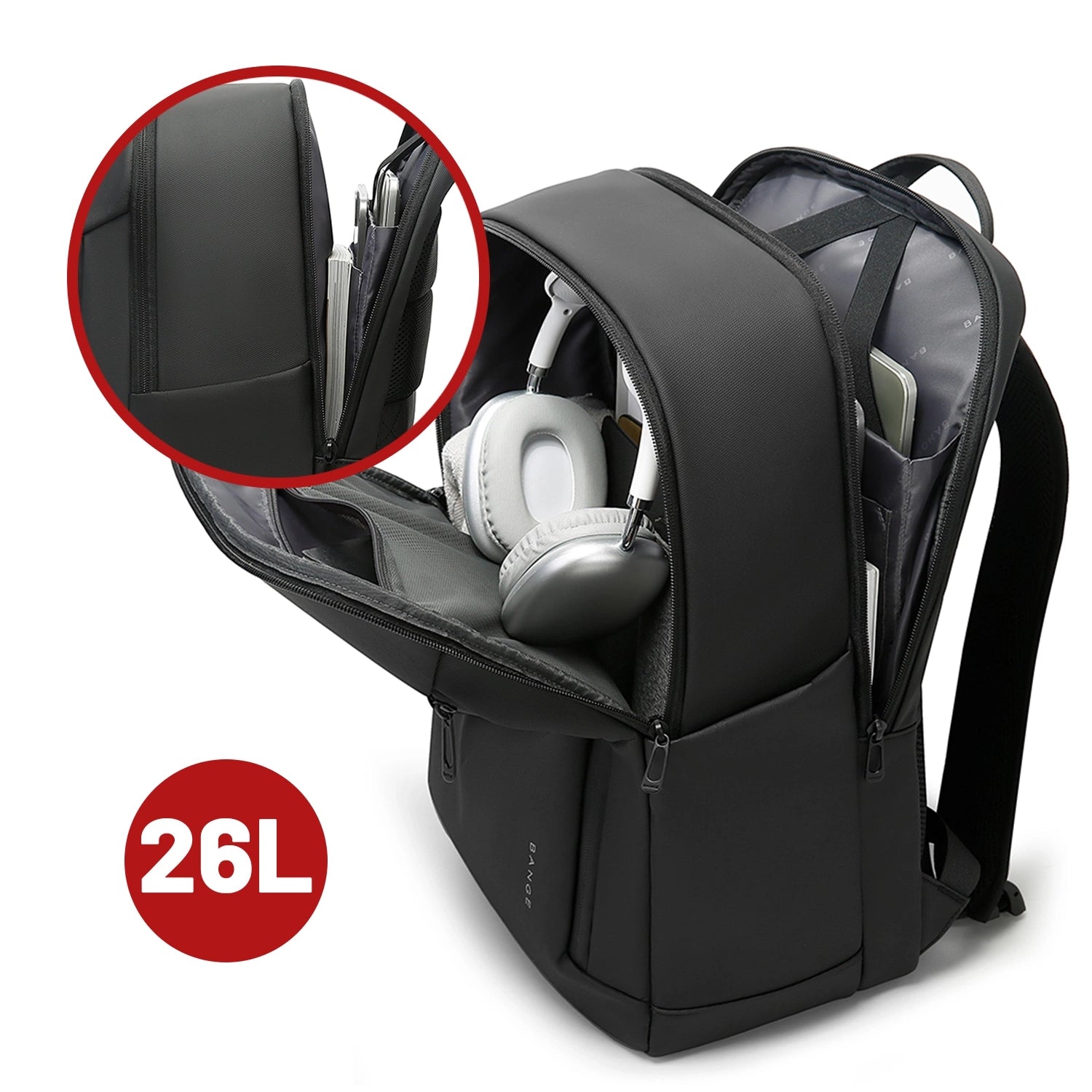 Plecak wodoodporny Bange 26L na laptopy do 15.6" - pojemny i wygodny, odporny i oddychający, miejski i podróżny do pracy i samolotu, unisex - Czarny