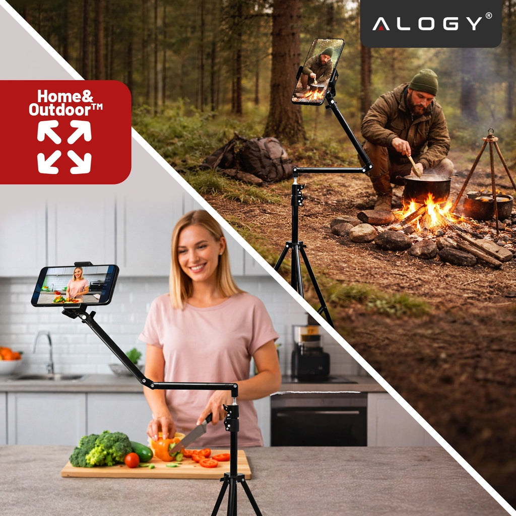 Statyw na Telefon 210 cm z Składanym Ramieniem 48 cm, Uchwyt na Telefon, Pilotem Bluetooth i Torbą, Regulowany do Zdjęć i Nagrań, Alogy ProTripod™