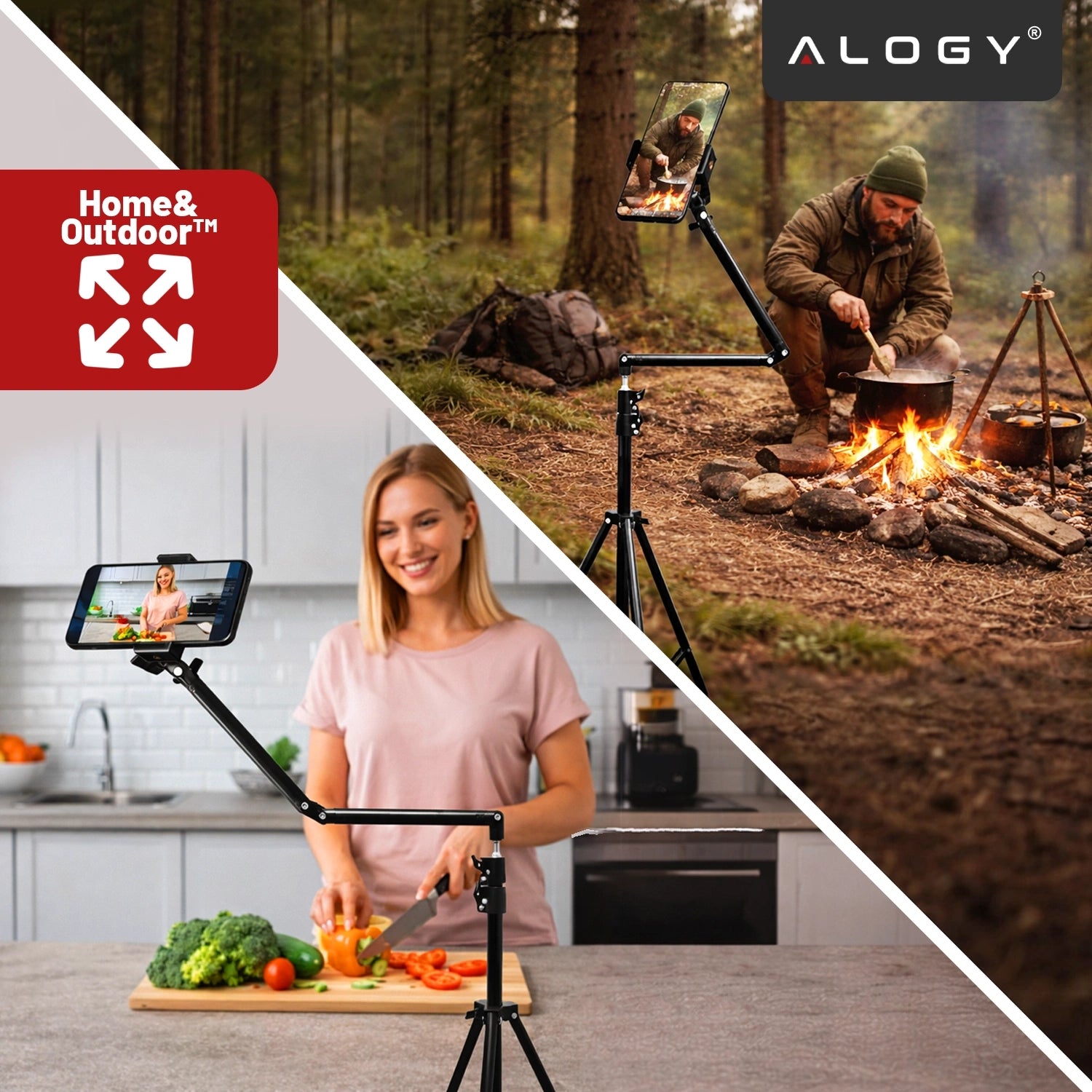 Statyw na Telefon 210 cm z Składanym Ramieniem 48 cm, Uchwyt na Telefon, Pilotem Bluetooth i Torbą, Regulowany do Zdjęć i Nagrań, Alogy ProTripod™