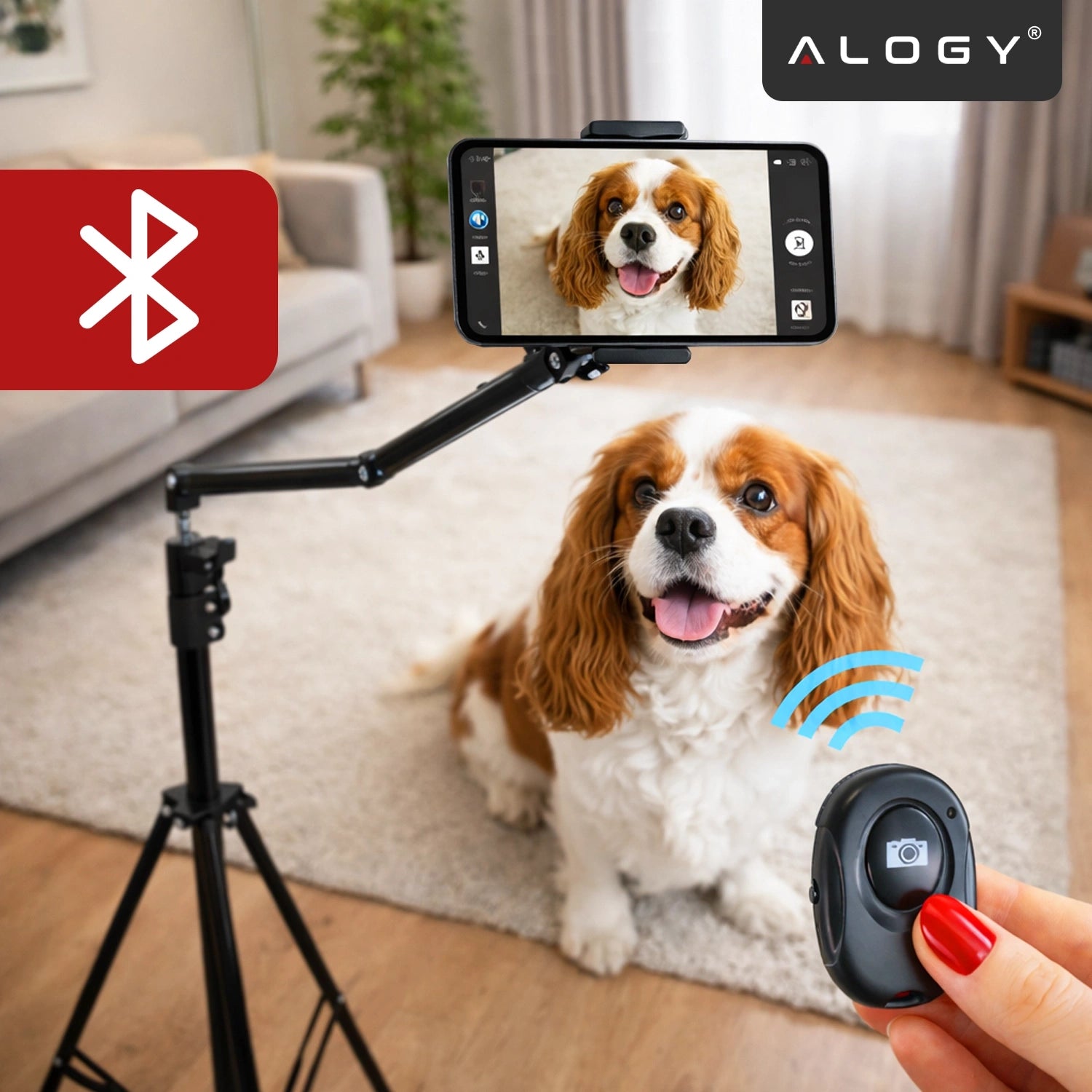 Statyw na Telefon 210 cm z Składanym Ramieniem 48 cm, Uchwyt na Telefon, Pilotem Bluetooth i Torbą, Regulowany do Zdjęć i Nagrań, Alogy ProTripod™