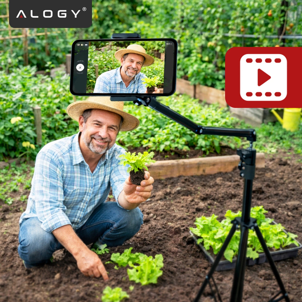Statyw na Telefon 210 cm z Składanym Ramieniem 48 cm, Uchwyt na Telefon, Pilotem Bluetooth i Torbą, Regulowany do Zdjęć i Nagrań, Alogy ProTripod™