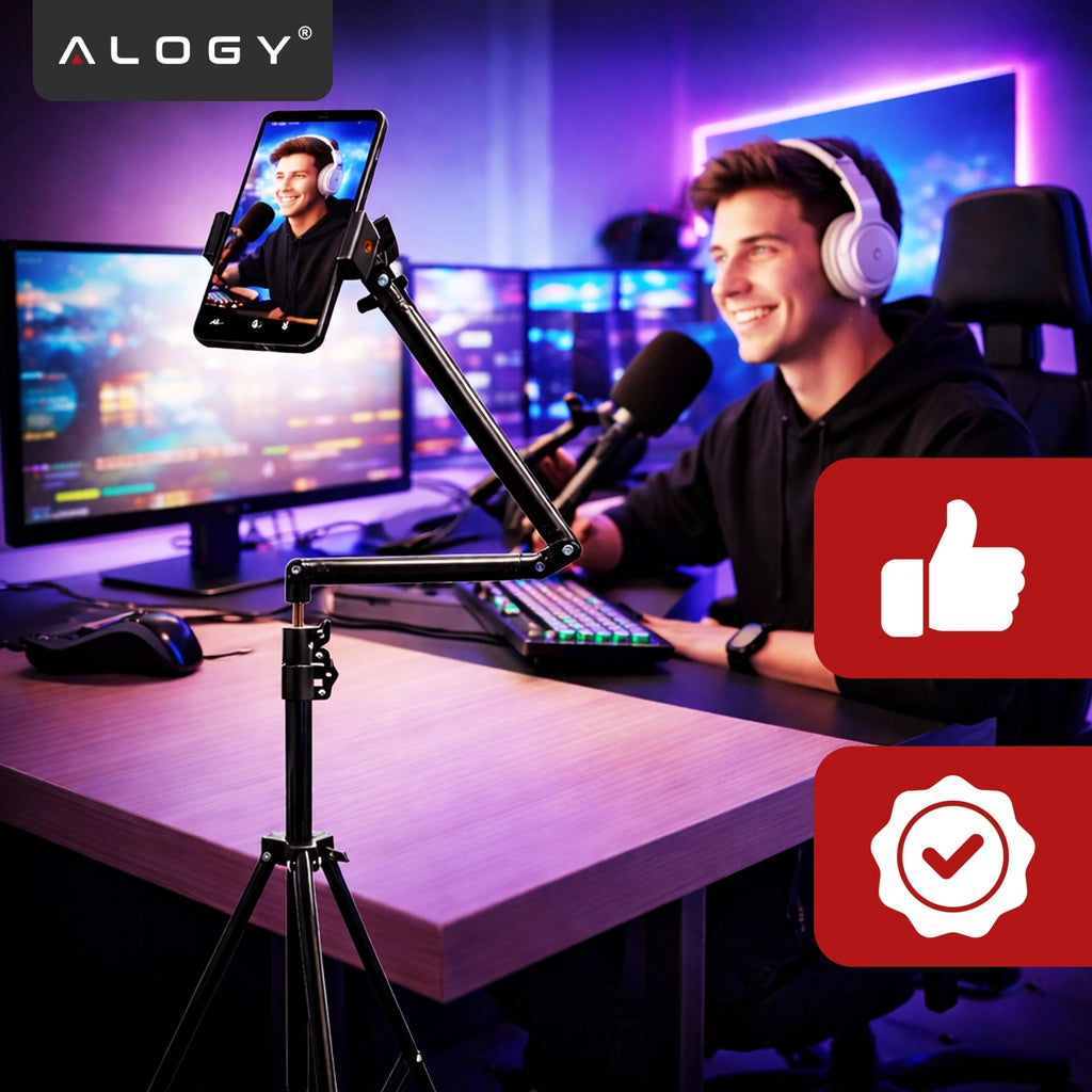 Statyw na Telefon 210 cm z Składanym Ramieniem 48 cm, Uchwyt na Telefon, Pilotem Bluetooth i Torbą, Regulowany do Zdjęć i Nagrań, Alogy ProTripod™