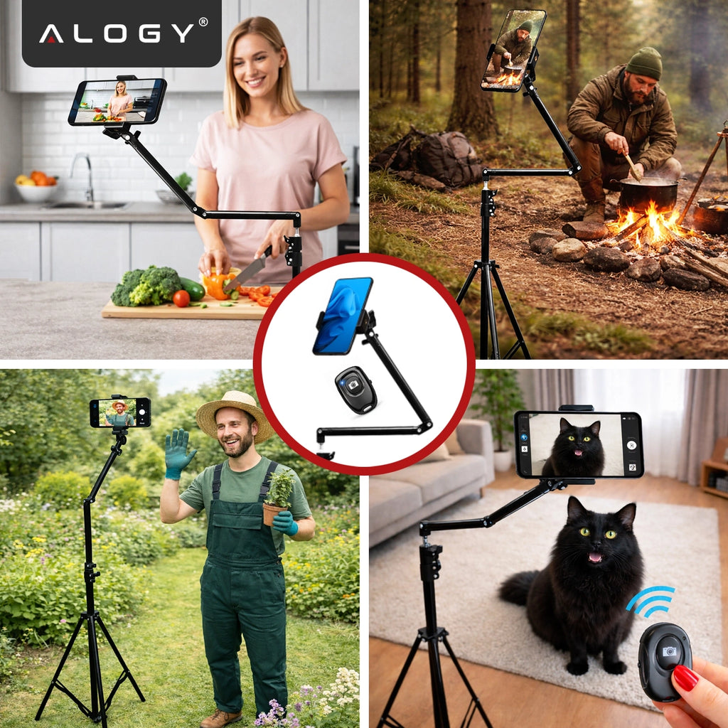 Statyw na Telefon 210 cm z Składanym Ramieniem 48 cm, Uchwyt na Telefon, Pilotem Bluetooth i Torbą, Regulowany do Zdjęć i Nagrań, Alogy ProTripod™