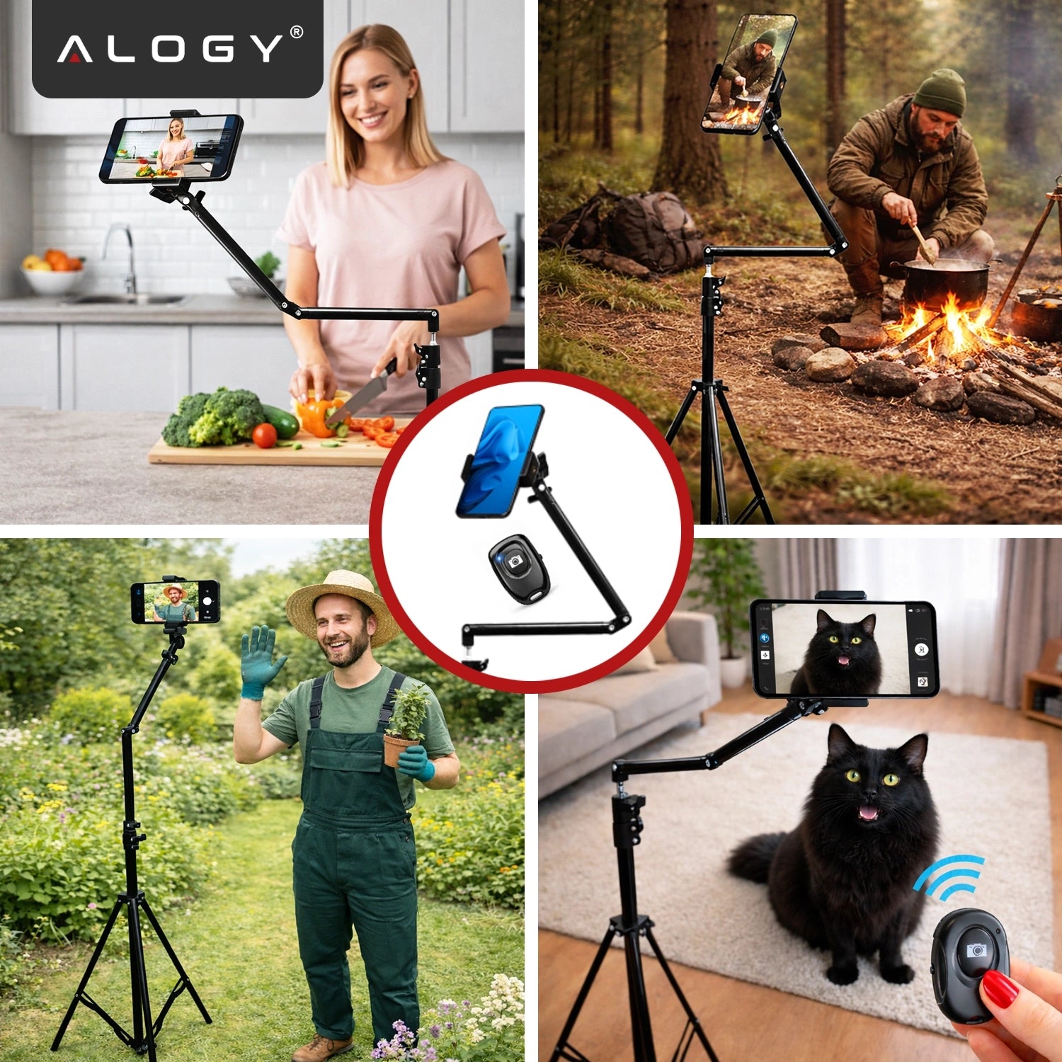 Statyw na Telefon 210 cm z Składanym Ramieniem 48 cm, Uchwyt na Telefon, Pilotem Bluetooth i Torbą, Regulowany do Zdjęć i Nagrań, Alogy ProTripod™