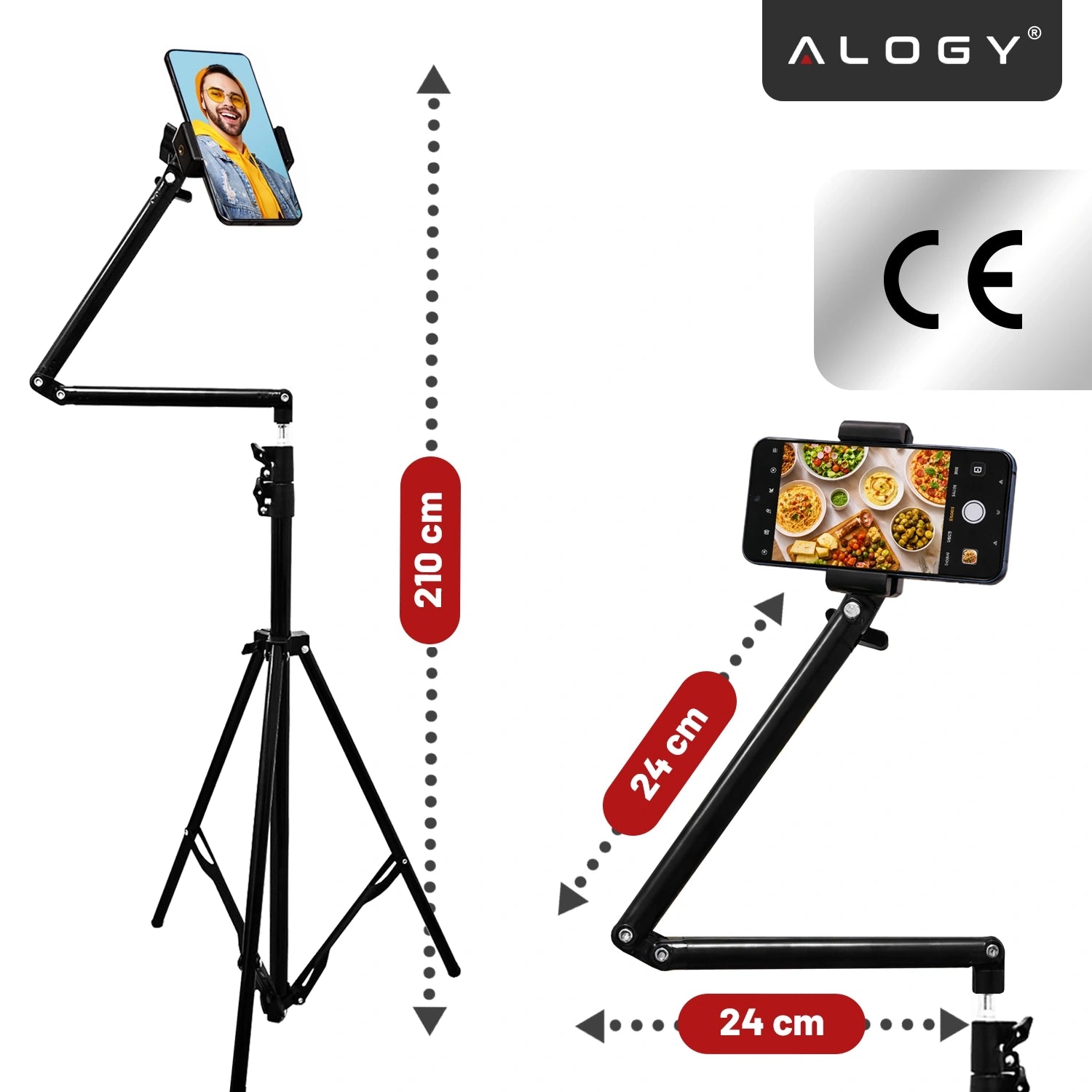 Statyw na Telefon 210 cm z Składanym Ramieniem 48 cm, Uchwyt na Telefon, Pilotem Bluetooth i Torbą, Regulowany do Zdjęć i Nagrań, Alogy ProTripod™