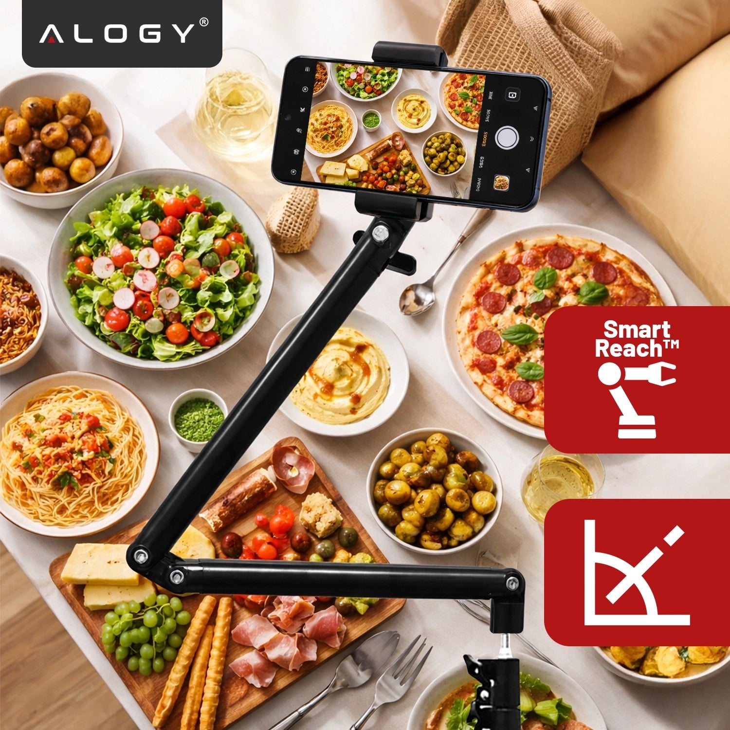 Statyw na Telefon 210 cm z Składanym Ramieniem 48 cm, Uchwyt na Telefon, Pilotem Bluetooth i Torbą, Regulowany do Zdjęć i Nagrań, Alogy ProTripod™