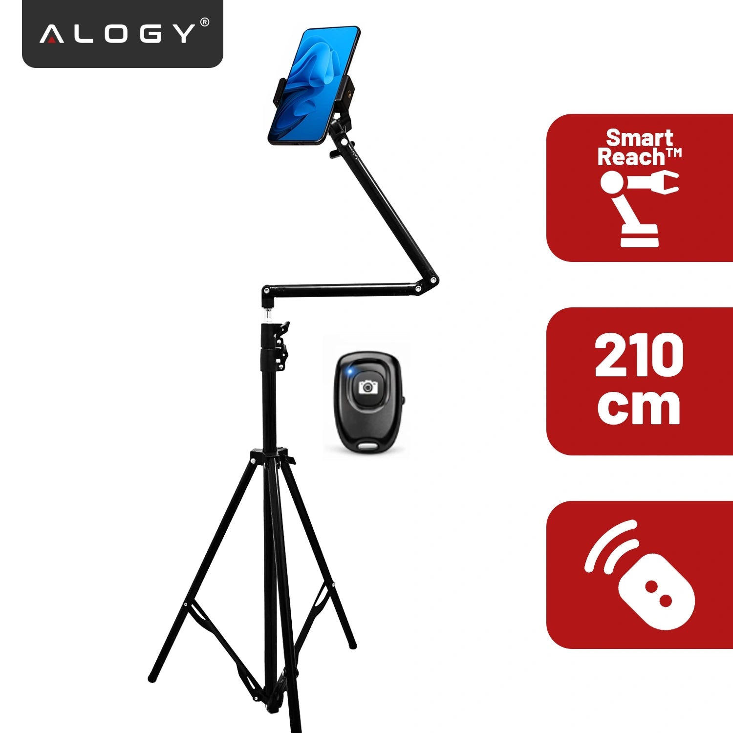 Statyw na Telefon 210 cm z Składanym Ramieniem 48 cm, Uchwyt na Telefon, Pilotem Bluetooth i Torbą, Regulowany do Zdjęć i Nagrań, Alogy ProTripod™