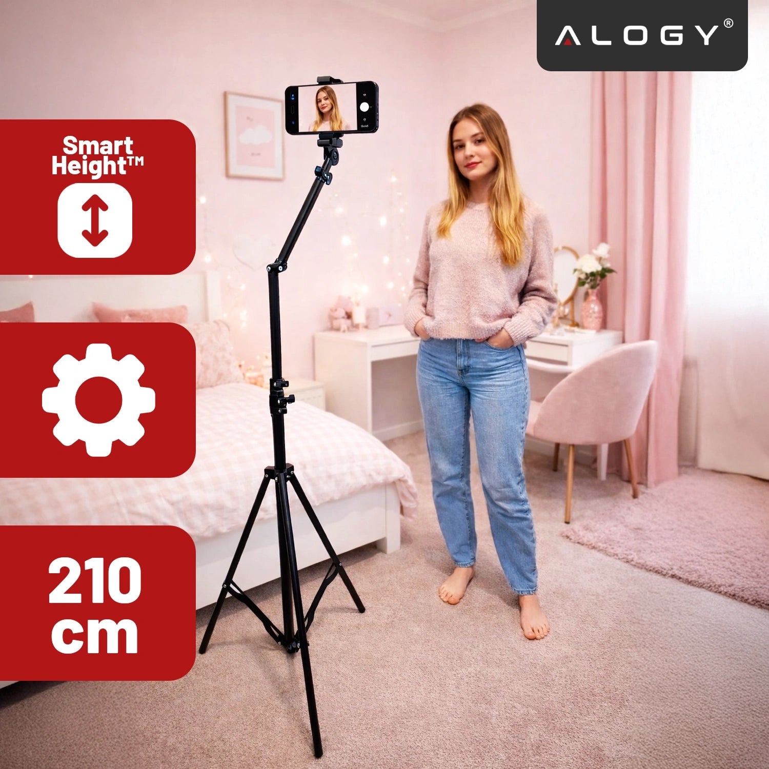 Statyw na Telefon 210 cm z Składanym Ramieniem 48 cm, Uchwyt na Telefon, Pilotem Bluetooth i Torbą, Regulowany do Zdjęć i Nagrań, Alogy ProTripod™