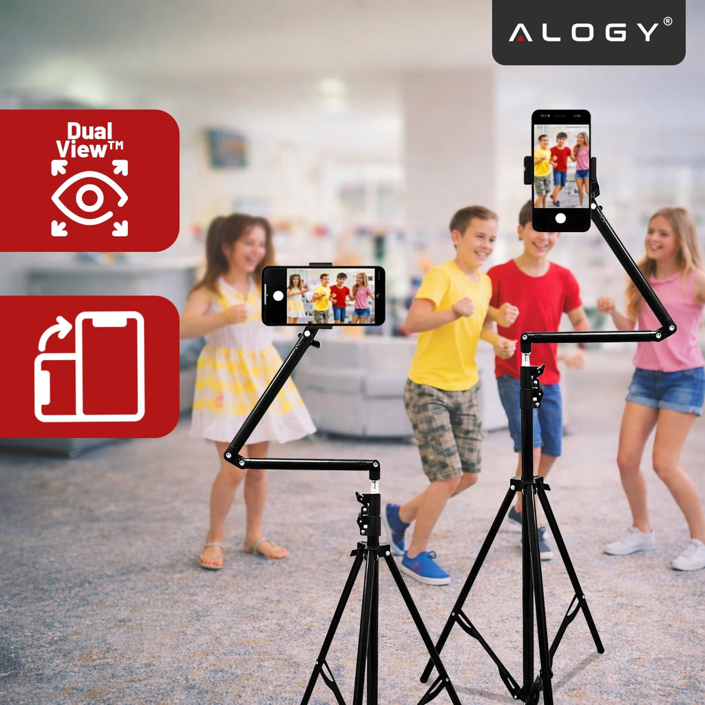 Statyw na Telefon 210 cm z Składanym Ramieniem 48 cm, Uchwyt na Telefon, Pilotem Bluetooth i Torbą, Regulowany do Zdjęć i Nagrań, Alogy ProTripod™
