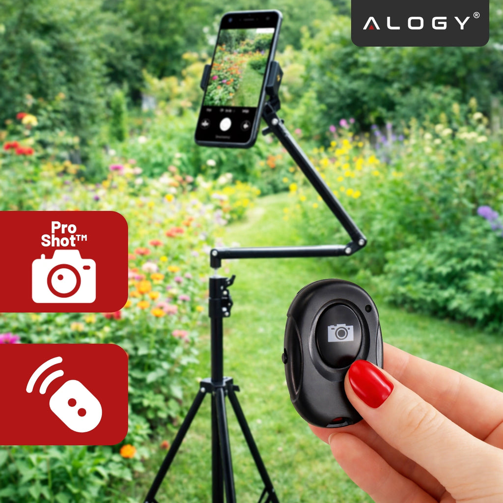 Statyw na Telefon 210 cm z Składanym Ramieniem 48 cm, Uchwyt na Telefon, Pilotem Bluetooth i Torbą, Regulowany do Zdjęć i Nagrań, Alogy ProTripod™