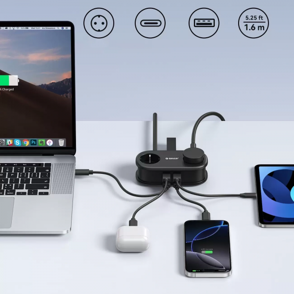 Orico Power Strip AP3, 2 x Schuko - 2 x USB-A - 2 x USB-C, Black