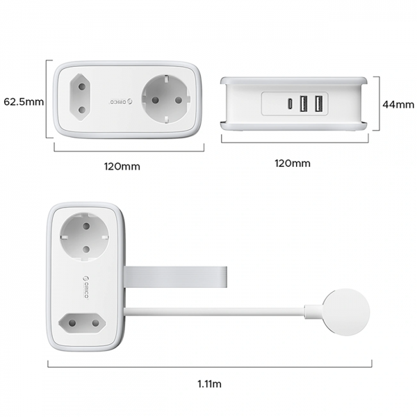 Orico Power Strip APP, 1 x Schuko - 1 x Socket - 2 x USB-A - 1 x USB-C, White Grey
