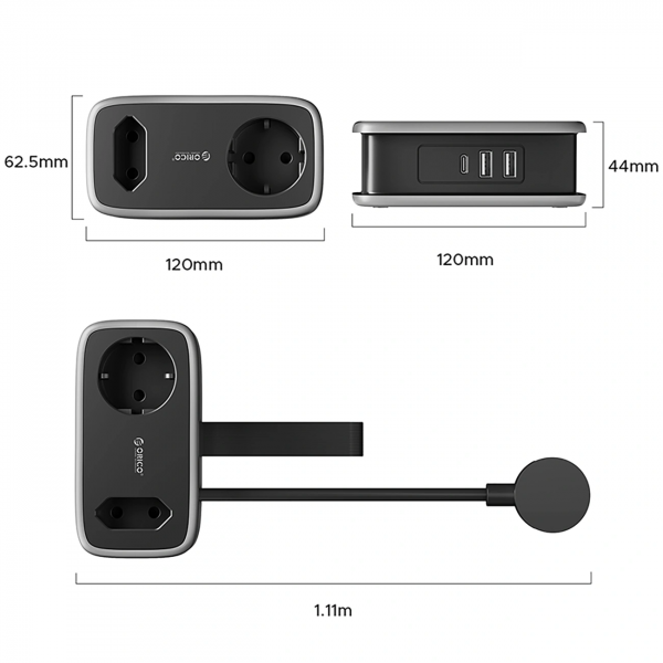 Orico Power Strip APP, 1 x Schuko - 1 x Socket - 2 x USB-A - 1 x USB-C, Black Grey
