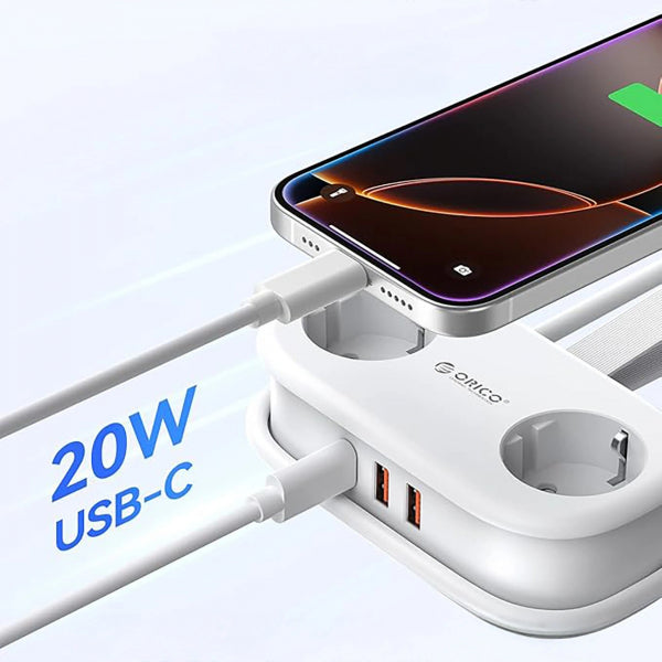Orico Power Strip APP, 2 x Schuko - 2 x USB-A - 1 x USB-C, White