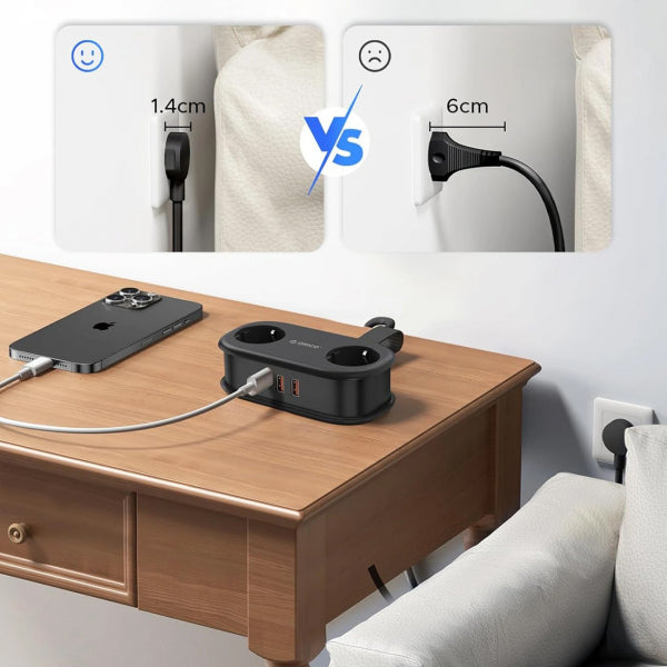 Orico Power Strip APP, 2 x Schuko - 2 x USB-A - 1 x USB-C, Black
