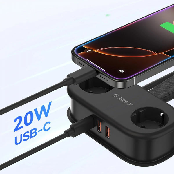 Orico Power Strip APP, 2 x Schuko - 2 x USB-A - 1 x USB-C, Black