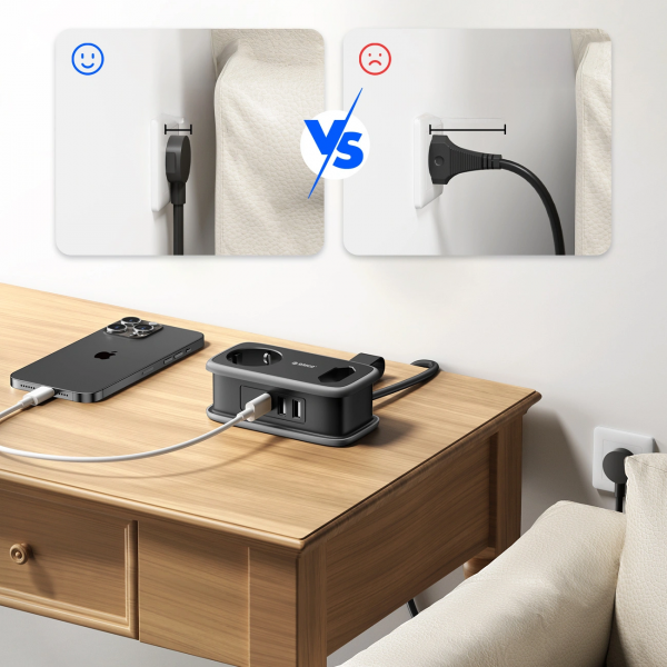 Orico Power Strip APP, 1 x Schuko - 1 x Socket - 2 x USB-A - 1 x USB-C, Black Grey