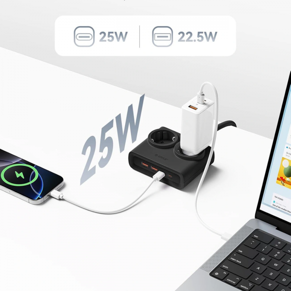 Orico Power Strip PDC25, 2 x Schuko - 2 x USB-A - 2 x USB-C, Black