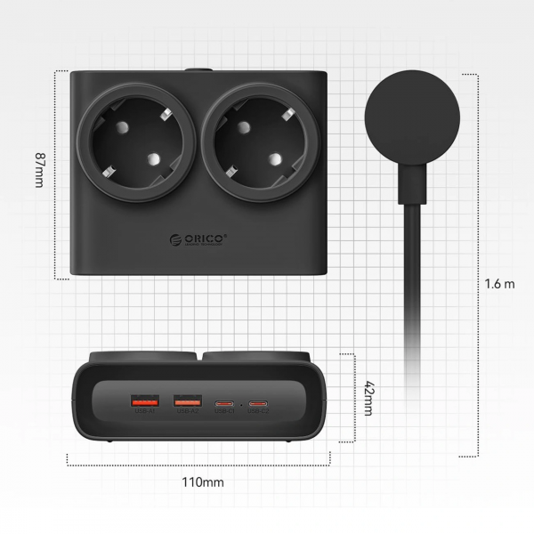 Orico Power Strip PDC25, 2 x Schuko - 2 x USB-A - 2 x USB-C, Black