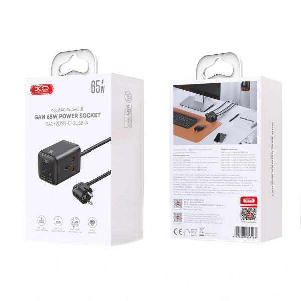 XO Design Power Strip WL24, 2 x Socket - 2 x USB-A - 2 x USB-C, Black