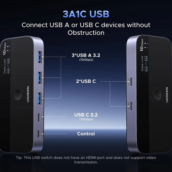 Ugreen USB Switch CM691 (45784), 3 x USB-A 3.2 - 1 x USB-C - 1 x miniUSB, Black
