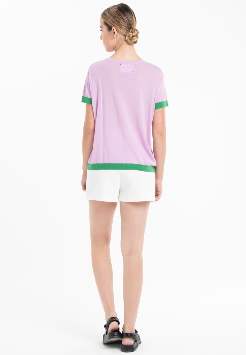 T shirt col rond manches courtes femme en cachemire & laine ultrafin lavande & vert - KELLY 1