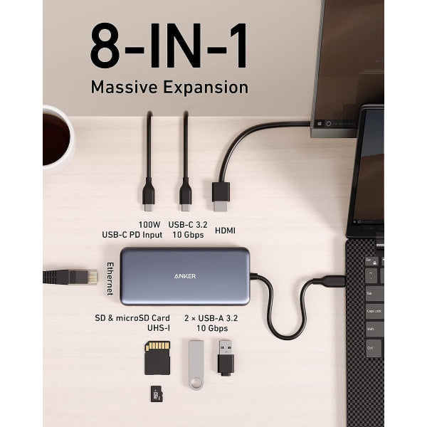 Anker USB-C Hub 555, 2 x USB-A 3.2 - 2 x USB-C - 1 x HDMI - 1 x RJ45 - 1 x SD - 1 x microSD, Grey A83830A2