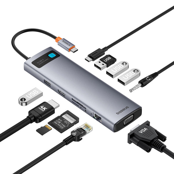 Baseus USB-C Hub Metal Gleam, 3 x USB-A 3.0 - 1 x USB-A - 1 x USB-C - 1 x HDMI - 1 x VGA - 1 x Jack 3.5mm - 1 x RJ45 - 1 x SD - 1 x microSD, Grey