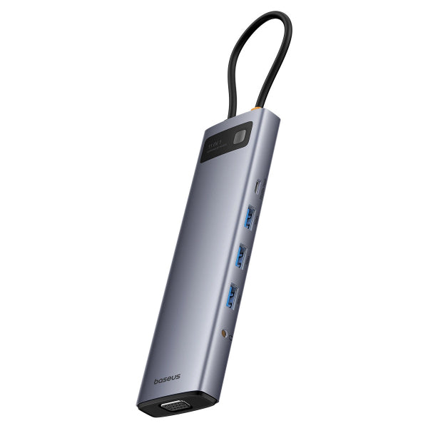 Baseus USB-C Hub Metal Gleam, 3 x USB-A 3.0 - 1 x USB-A - 1 x USB-C - 1 x HDMI - 1 x VGA - 1 x Jack 3.5mm - 1 x RJ45 - 1 x SD - 1 x microSD, Grey