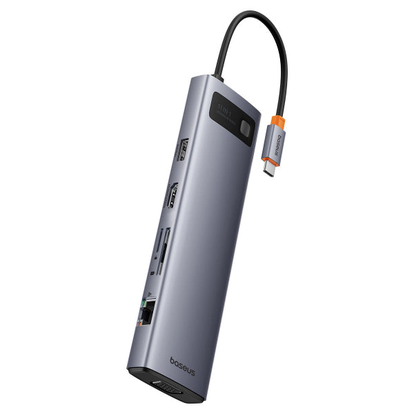 Baseus USB-C Hub Metal Gleam, 3 x USB-A 3.0 - 1 x USB-A - 1 x USB-C - 1 x HDMI - 1 x VGA - 1 x Jack 3.5mm - 1 x RJ45 - 1 x SD - 1 x microSD, Grey