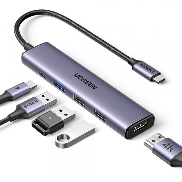 Ugreen USB-C Hub CM478, 1 x USB-A 3.0 - 2 x USB-A - 1 x USB-C - 1 x HDMI, Grey