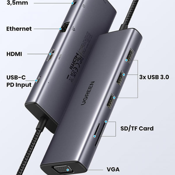 Ugreen USB-C Hub CM498 (15601), 3 x USB-A 3.0 - 1 x USB-C - 1 x HDMI - 1 x VGA - 1 x Jack 3.5mm - 1 x RJ45 - 1 x SD - 1 x microSD, Grey