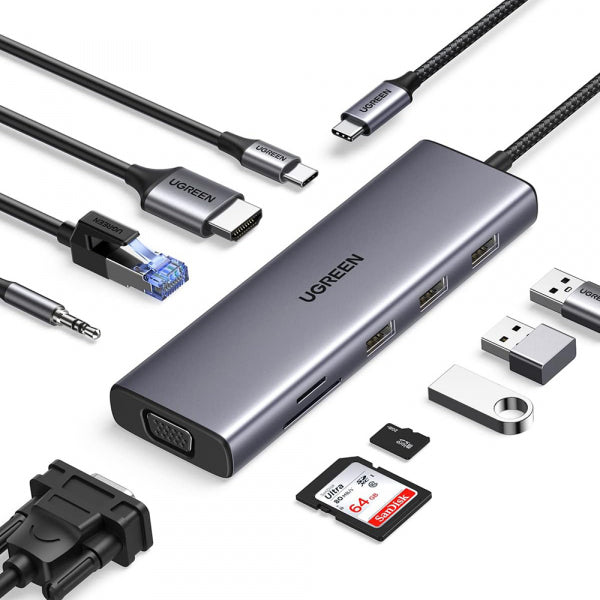 Ugreen USB-C Hub CM498 (15601), 3 x USB-A 3.0 - 1 x USB-C - 1 x HDMI - 1 x VGA - 1 x Jack 3.5mm - 1 x RJ45 - 1 x SD - 1 x microSD, Grey