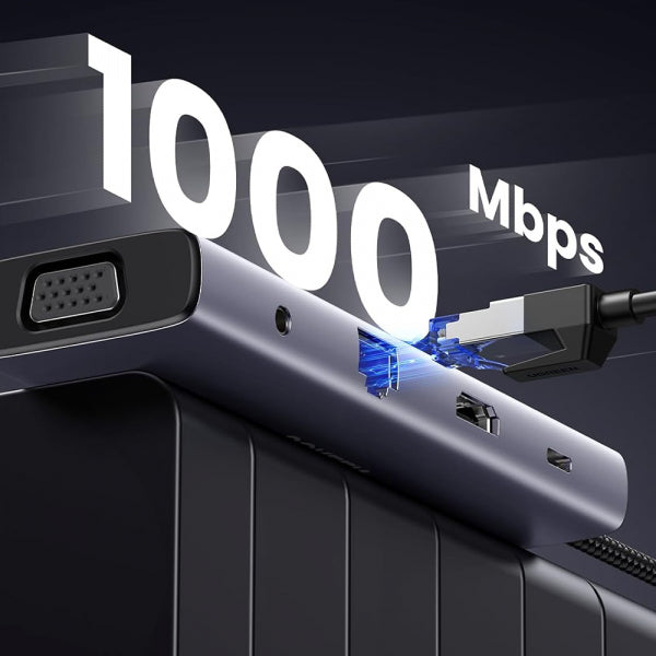 Ugreen USB-C Hub CM498 (15601), 3 x USB-A 3.0 - 1 x USB-C - 1 x HDMI - 1 x VGA - 1 x Jack 3.5mm - 1 x RJ45 - 1 x SD - 1 x microSD, Grey