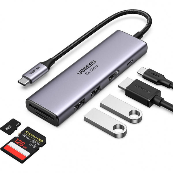 Ugreen USB-C Hub CM511 (60384), 2 x USB-A 3.0 - 1 x USB-C - 1 x HDMI - 1 x SD - 1 x microSD, Grey