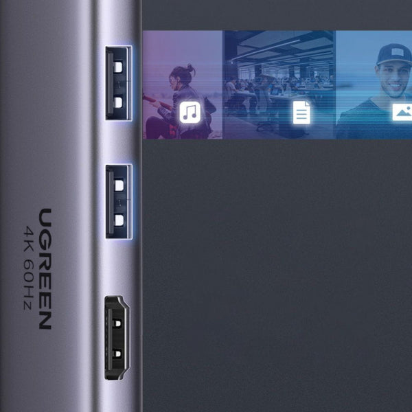 Ugreen USB-C Hub CM511 (60384), 2 x USB-A 3.0 - 1 x USB-C - 1 x HDMI - 1 x SD - 1 x microSD, Grey