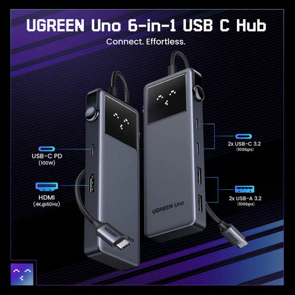 Ugreen USB-C Hub CM888 Uno, 2 x USB-A 3.2 - 3 x USB-C - 1 x HDMI, Grey