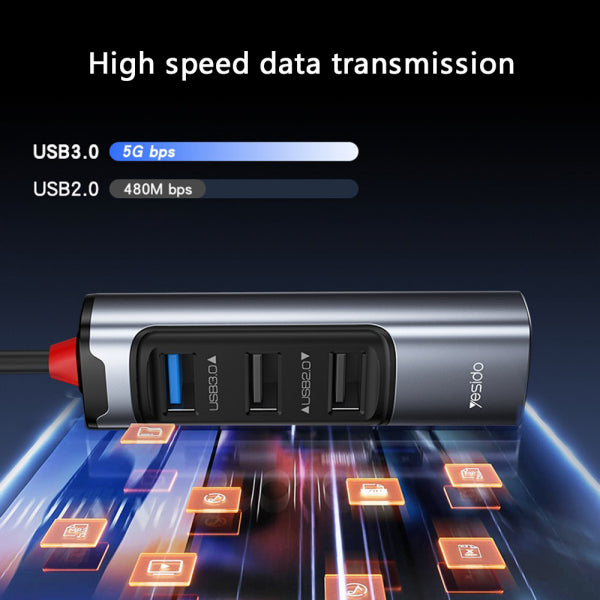 Yesido USB / USB-C Hub HB19, 4in1, Grey