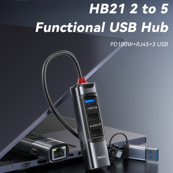 Yesido USB / USB-C Hub HB21, 5in1, Grey