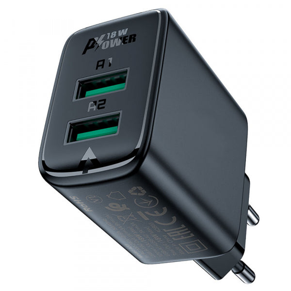 Acefast Wall Charger A33, 18W, 3A, 2 x USB-A, Black